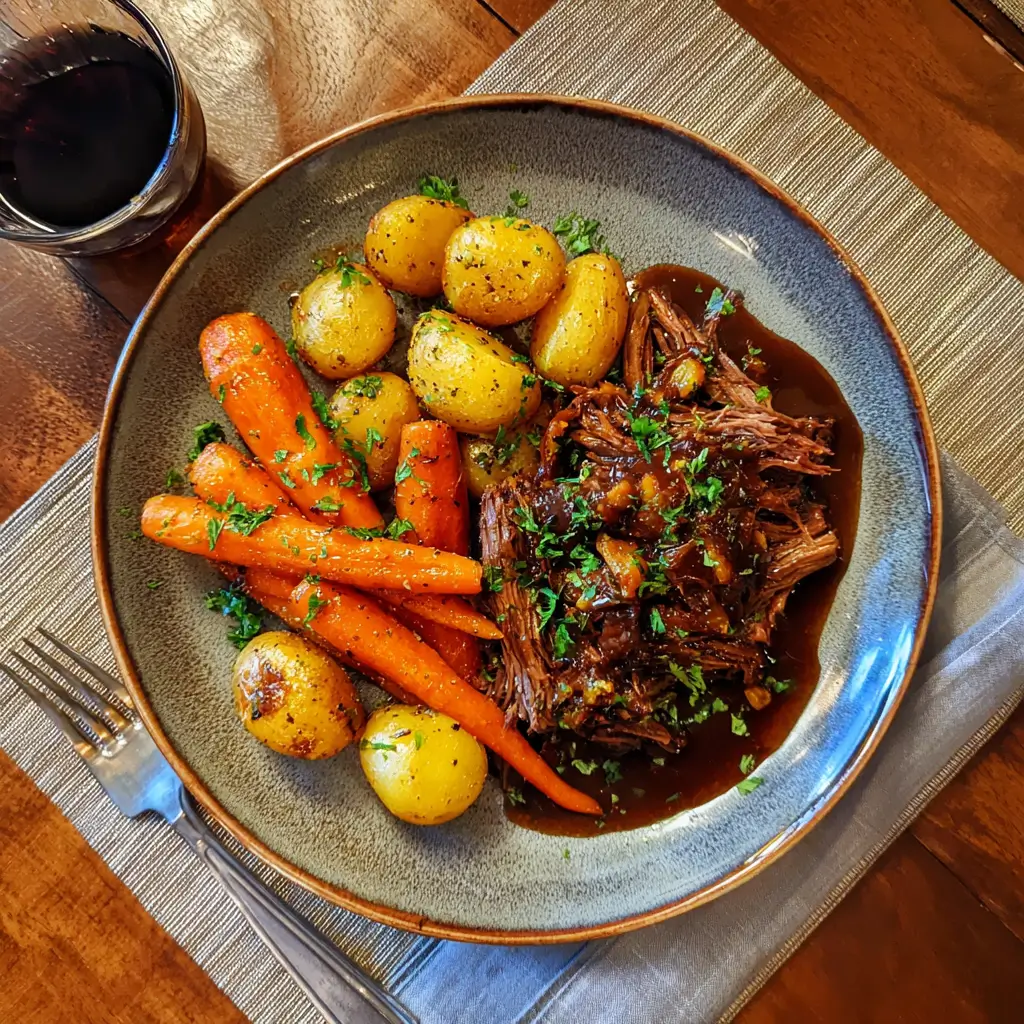 crockpot honey balsamic beef chuck roast served with carrots and potatoes