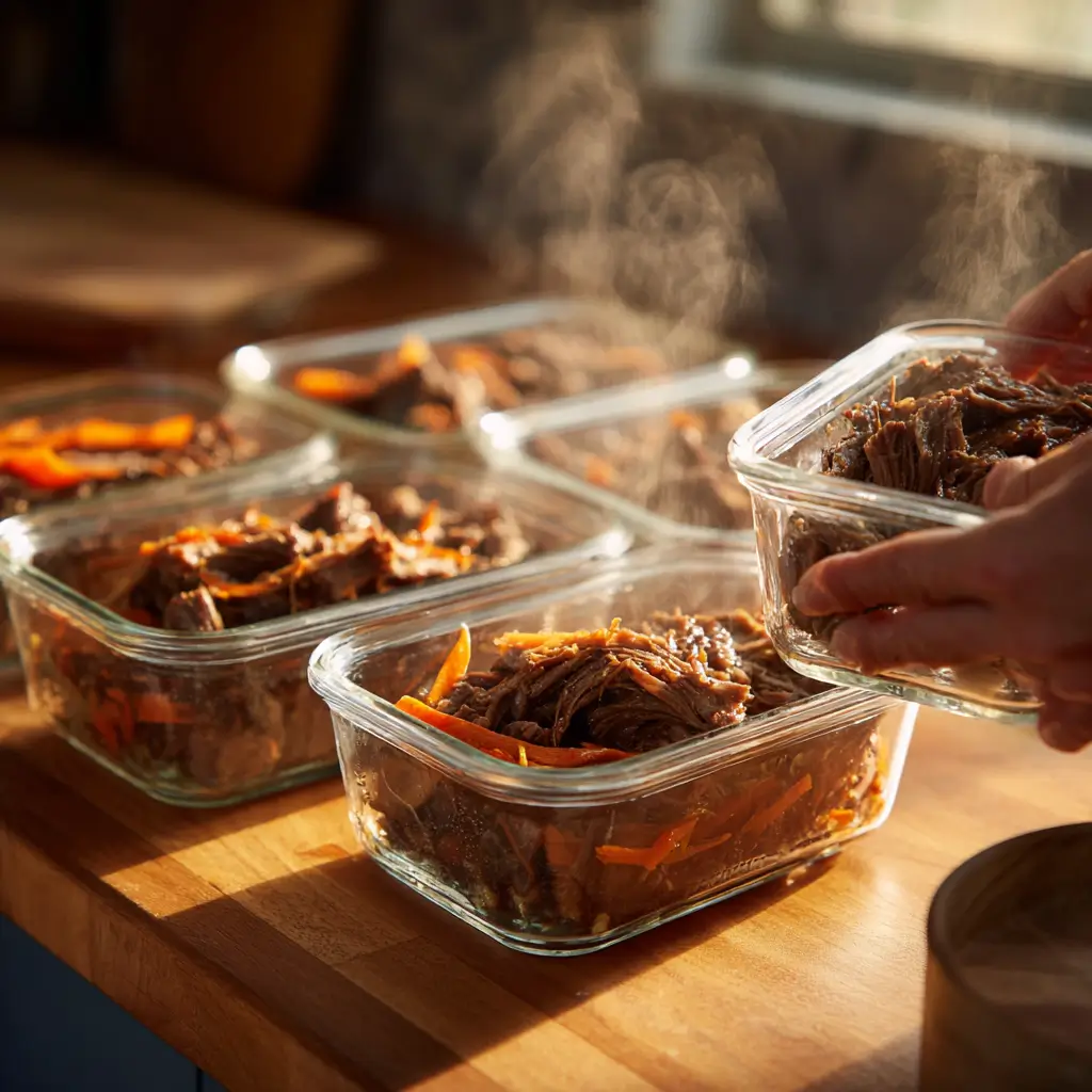 storing leftover crockpot honey balsamic beef chuck roast in glass containers