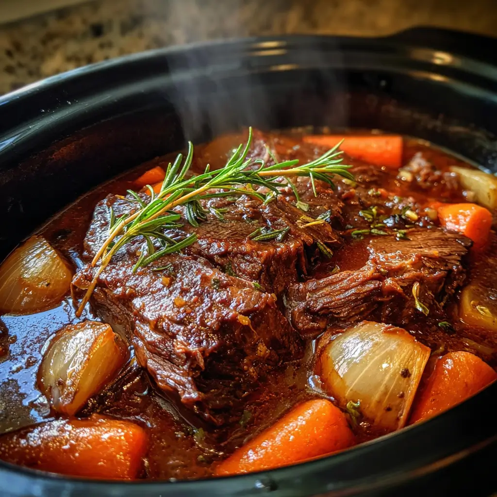 crockpot honey balsamic beef cooking in slow cooker with vegetables