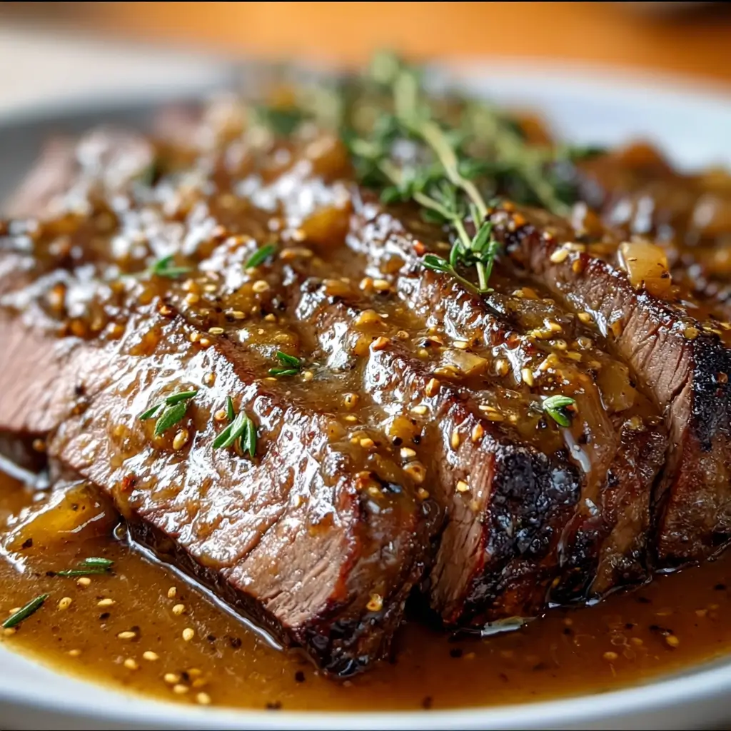 Crockpot Maple Dijon Beef Chuck roast in maple Dijon sauce