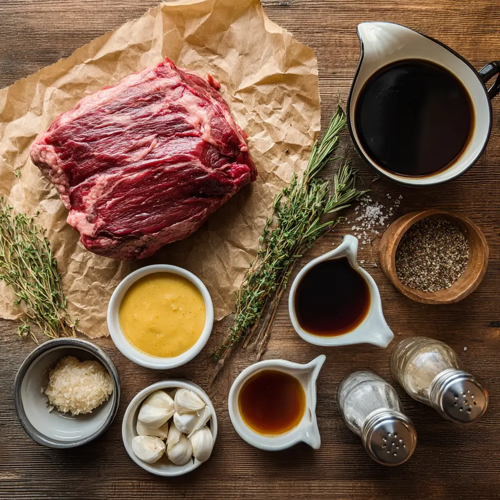 Crockpot Maple Dijon Beef Chuck ingredients arranged on a kitchen counter