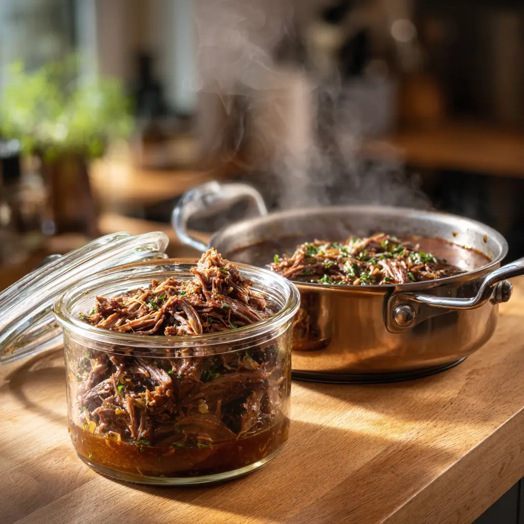 Crockpot Maple Dijon Beef Chuck stored in container and reheated in pan