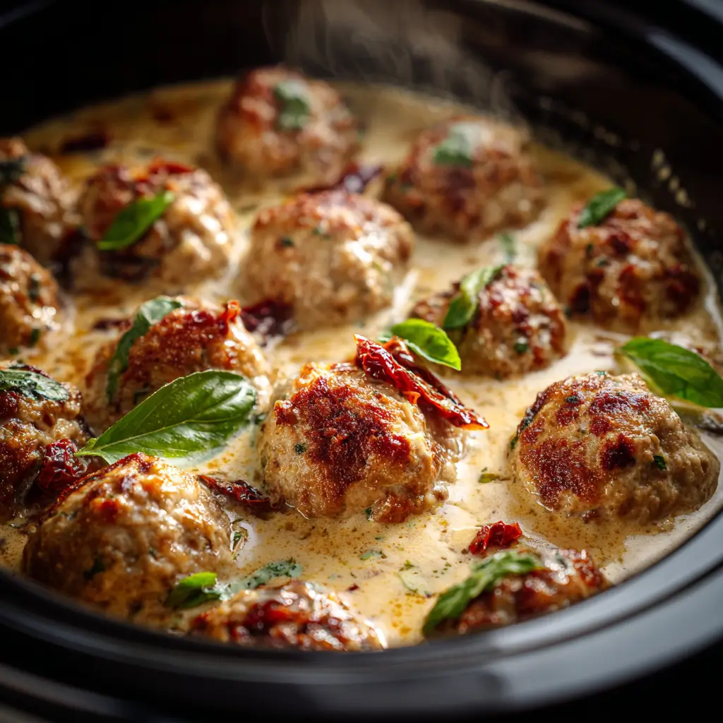 Crockpot Marry Me Meatballs simmering in creamy sauce