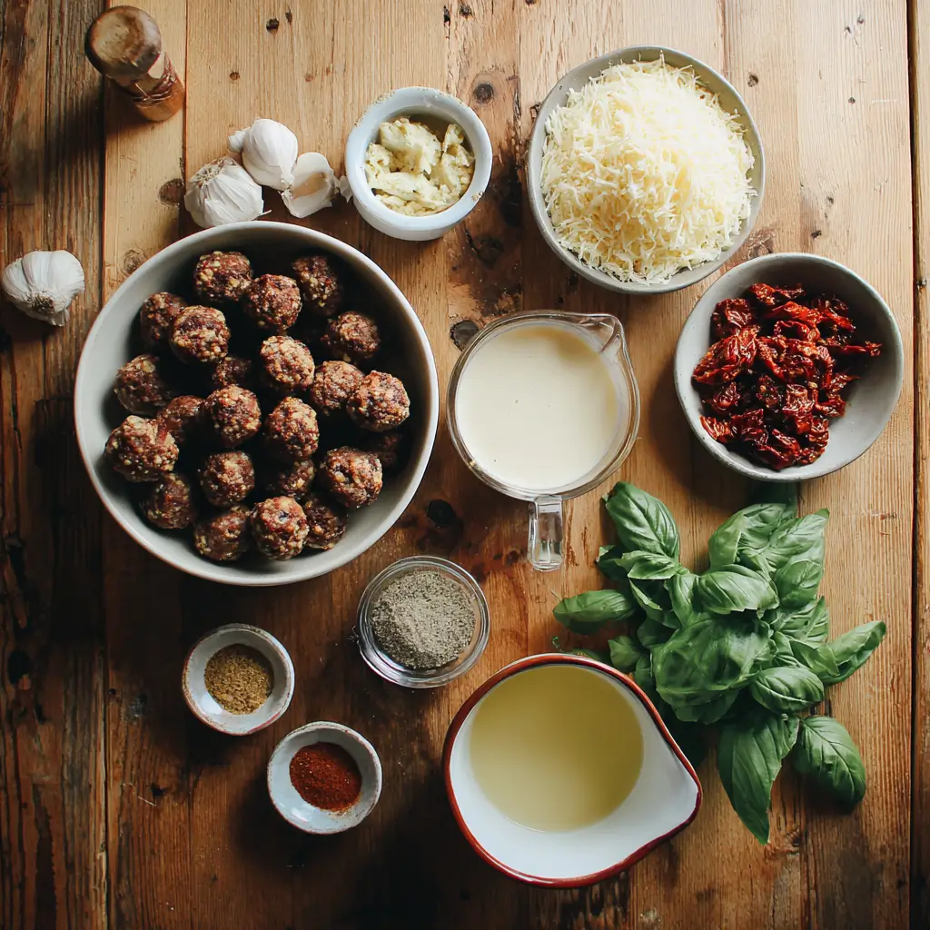 Crockpot Marry Me Meatballs ingredients arranged on a kitchen counter