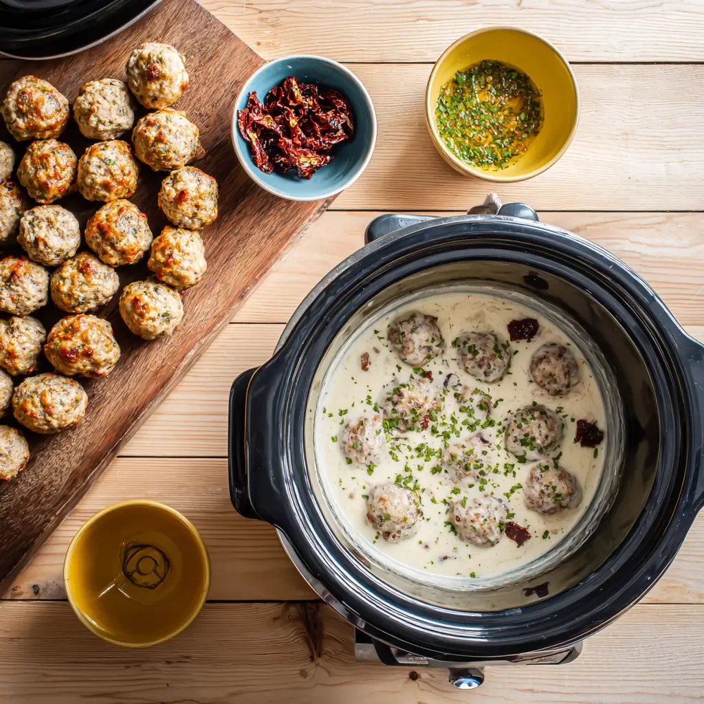 Preparing the creamy sauce for Crockpot Marry Me Meatballs