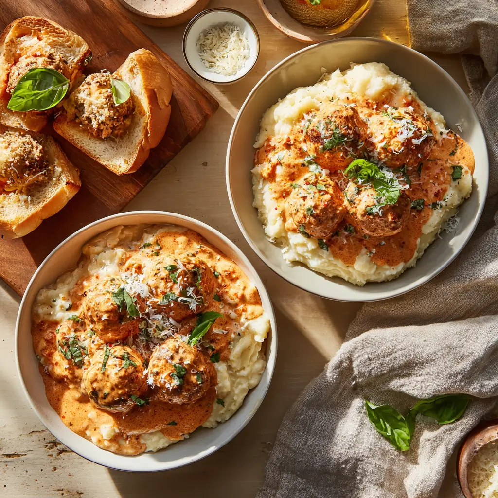 Crockpot Marry Me Meatballs served with pasta, mashed potatoes, and sliders