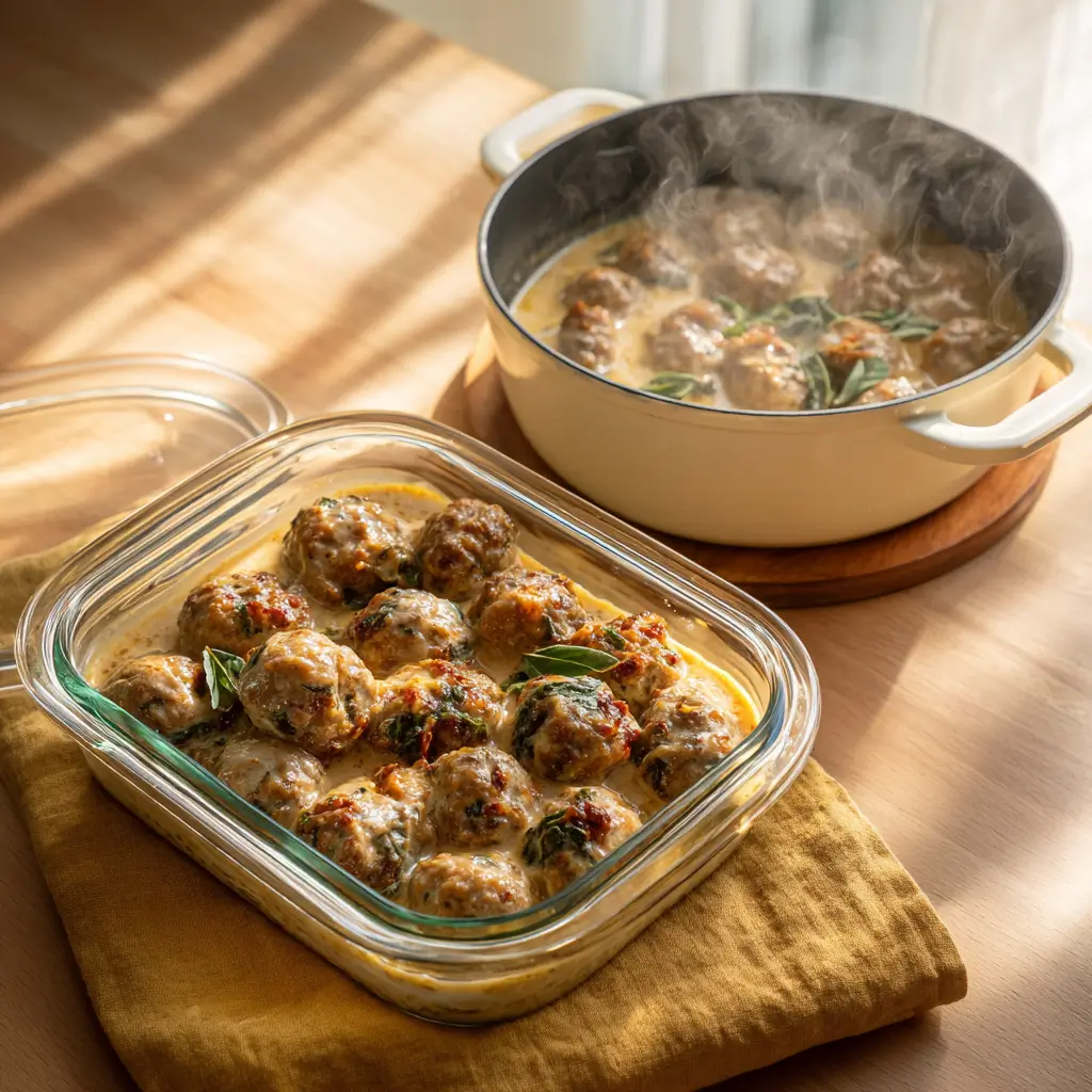 Crockpot Marry Me Meatballs stored in container and reheating in saucepan