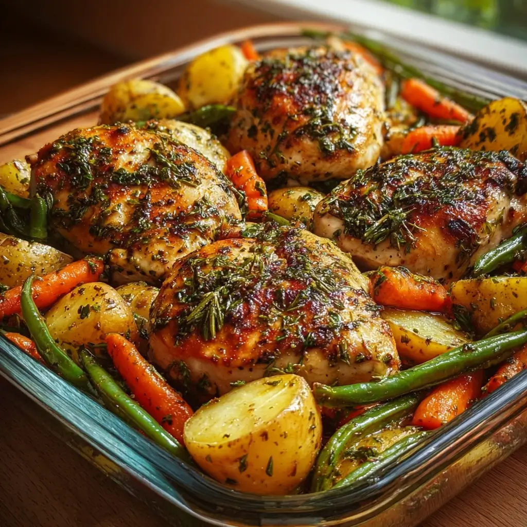 herb-roasted chicken with potatoes carrots and green beans in baking dish