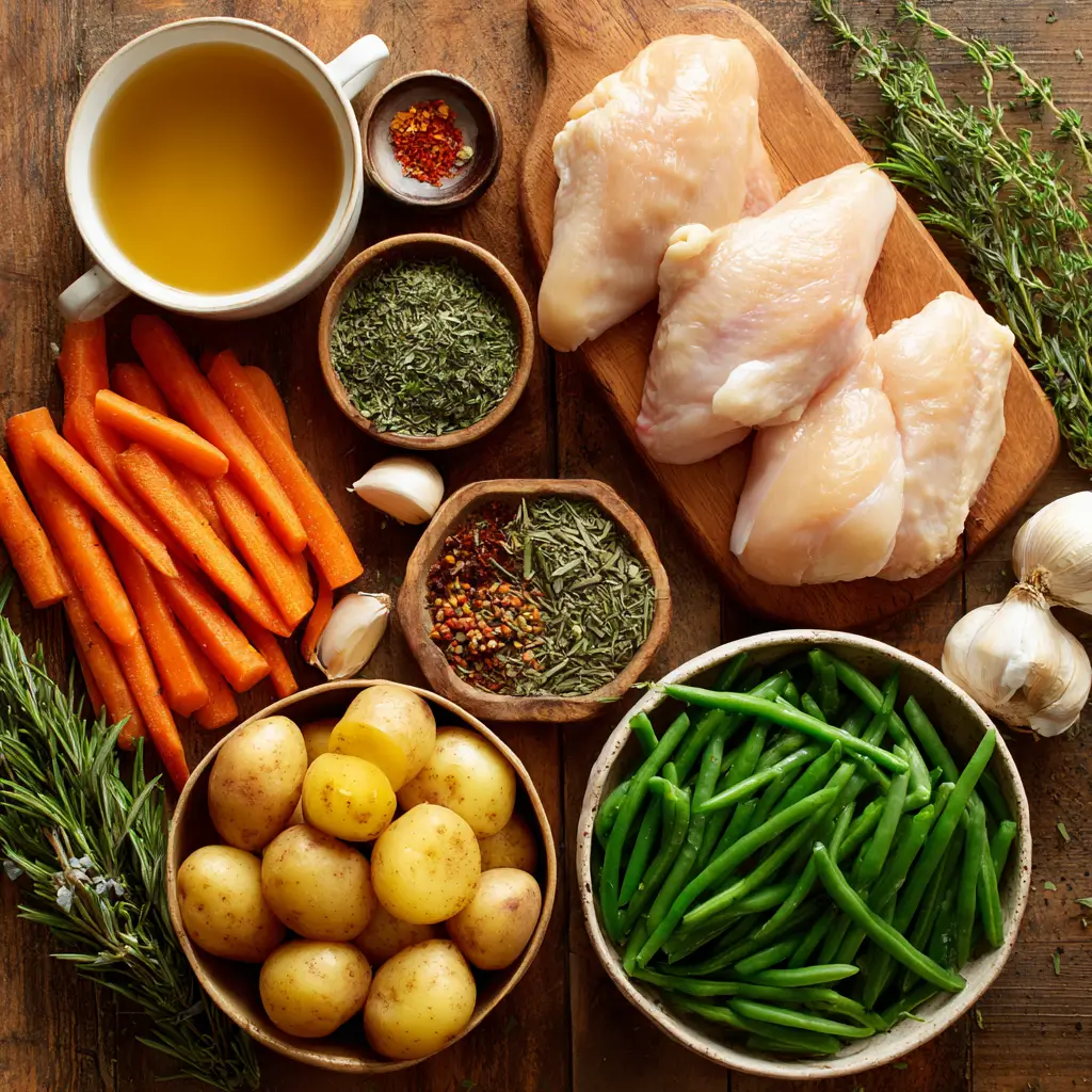 herb roasted chicken with potatoes carrots and green beans in baking dish
