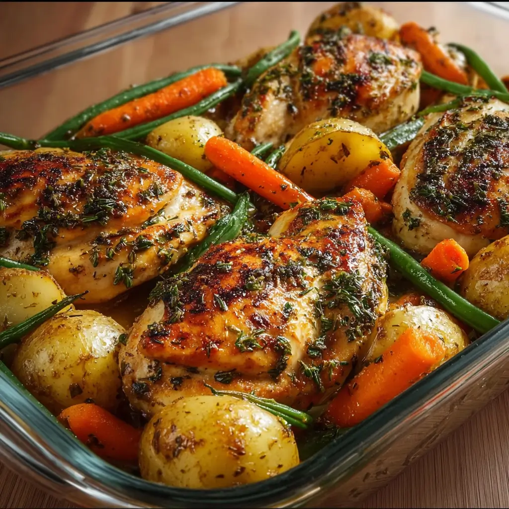 Herb-Roasted Chicken with Potatoes, Carrots, and Green Beans served hot from the oven
