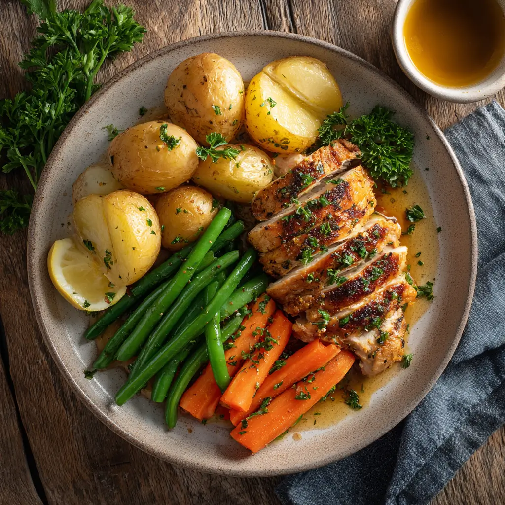 Herb-Roasted Chicken served with golden potatoes, carrots, and green beans for an easy one-pan dinner
