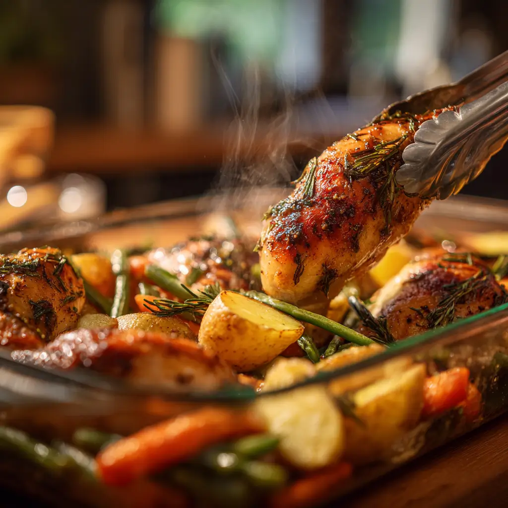 Preparing Herb-Roasted Chicken with Potatoes, Carrots, and Green Beans before baking