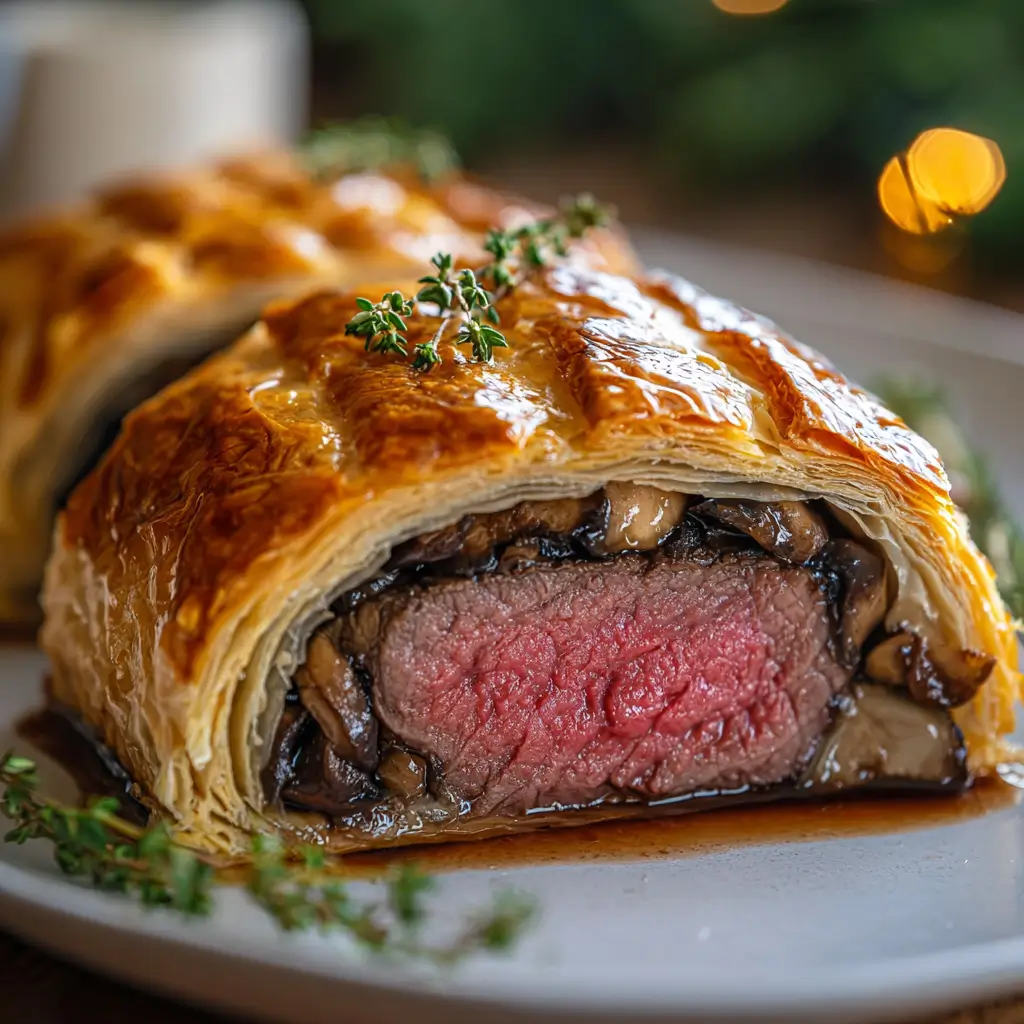 holiday beef wellington sliced open with medium-rare beef center