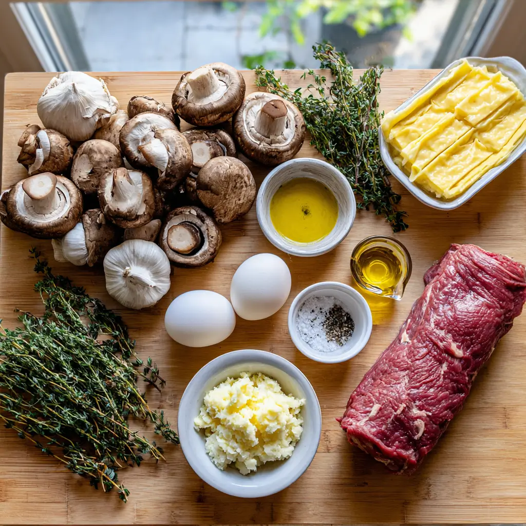 ingredients for holiday beef wellington on wooden counter
