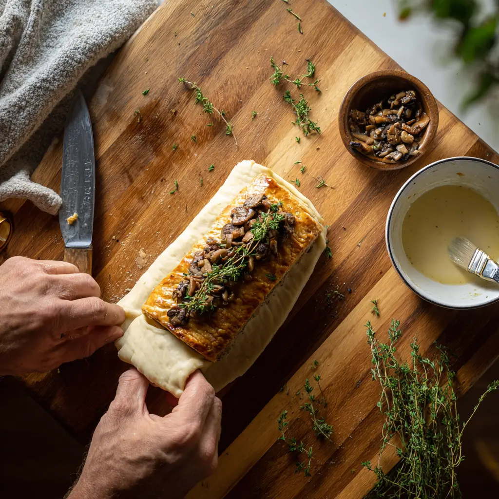 ingredients for holiday beef wellington on wooden counter