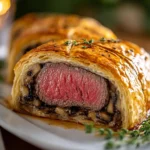 holiday beef wellington sliced open with medium-rare beef center