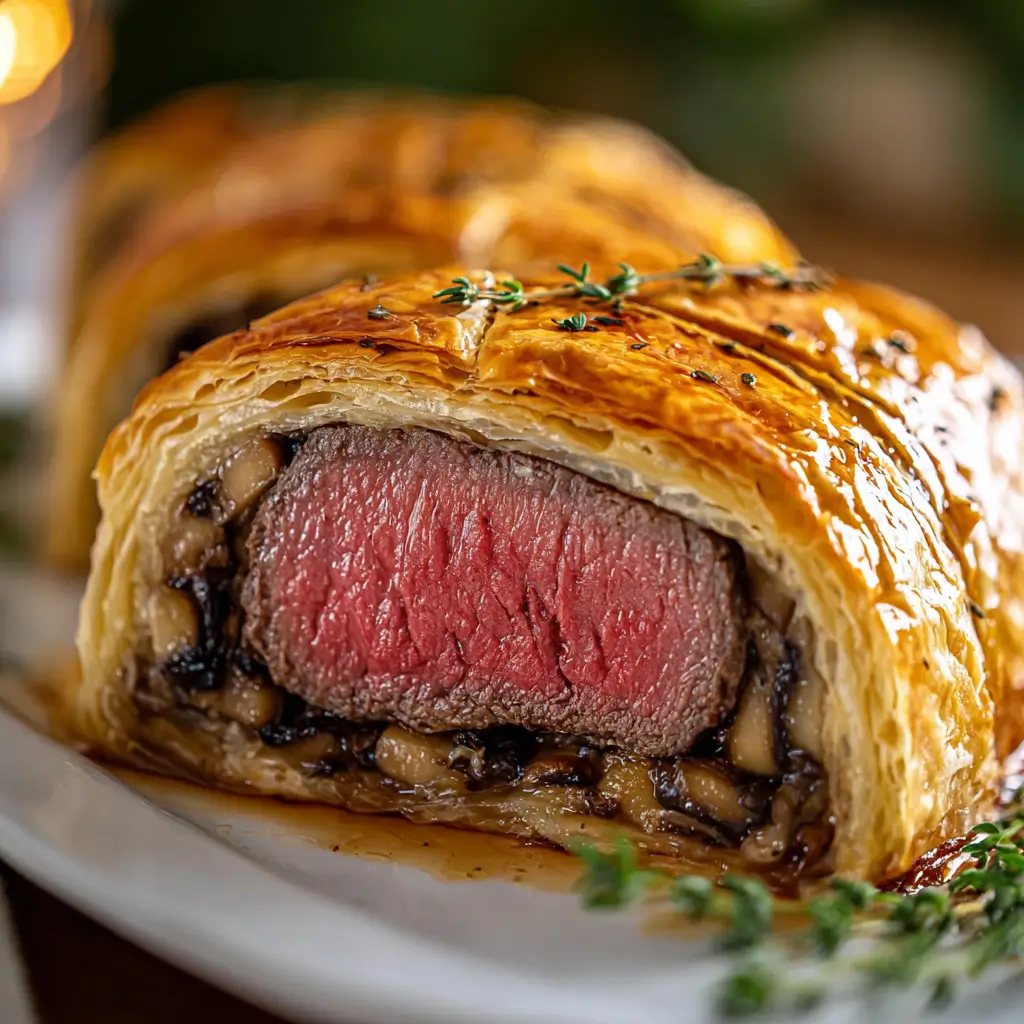 holiday beef wellington sliced open with medium-rare beef center