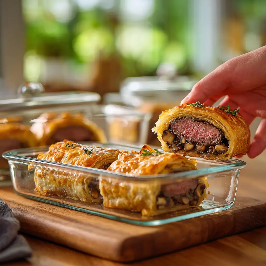 storing leftover holiday beef wellington slices in glass containers