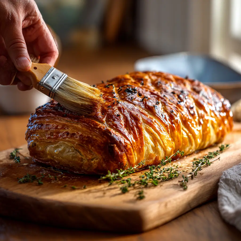 freshly baked holiday beef wellington on wooden board