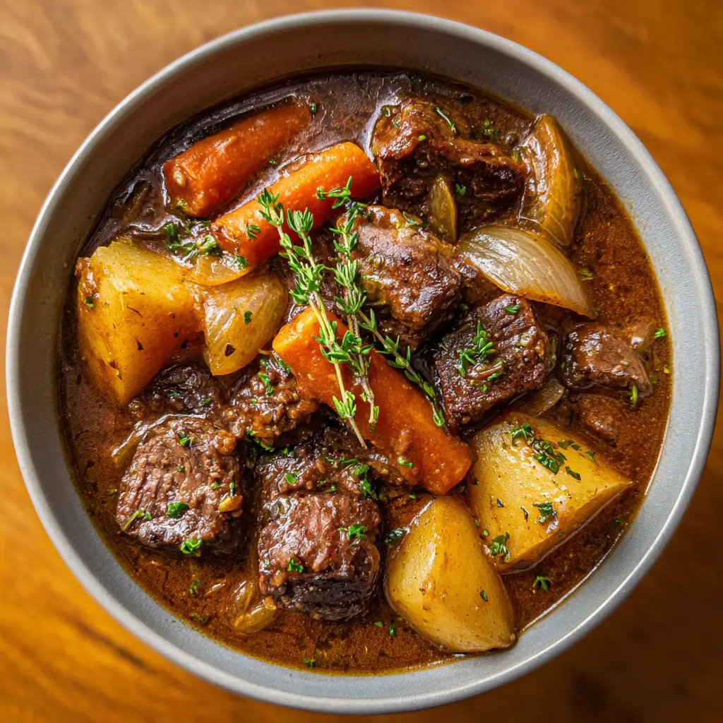 Holiday Herb Beef Stew in a bowl with carrots, potatoes, and thyme