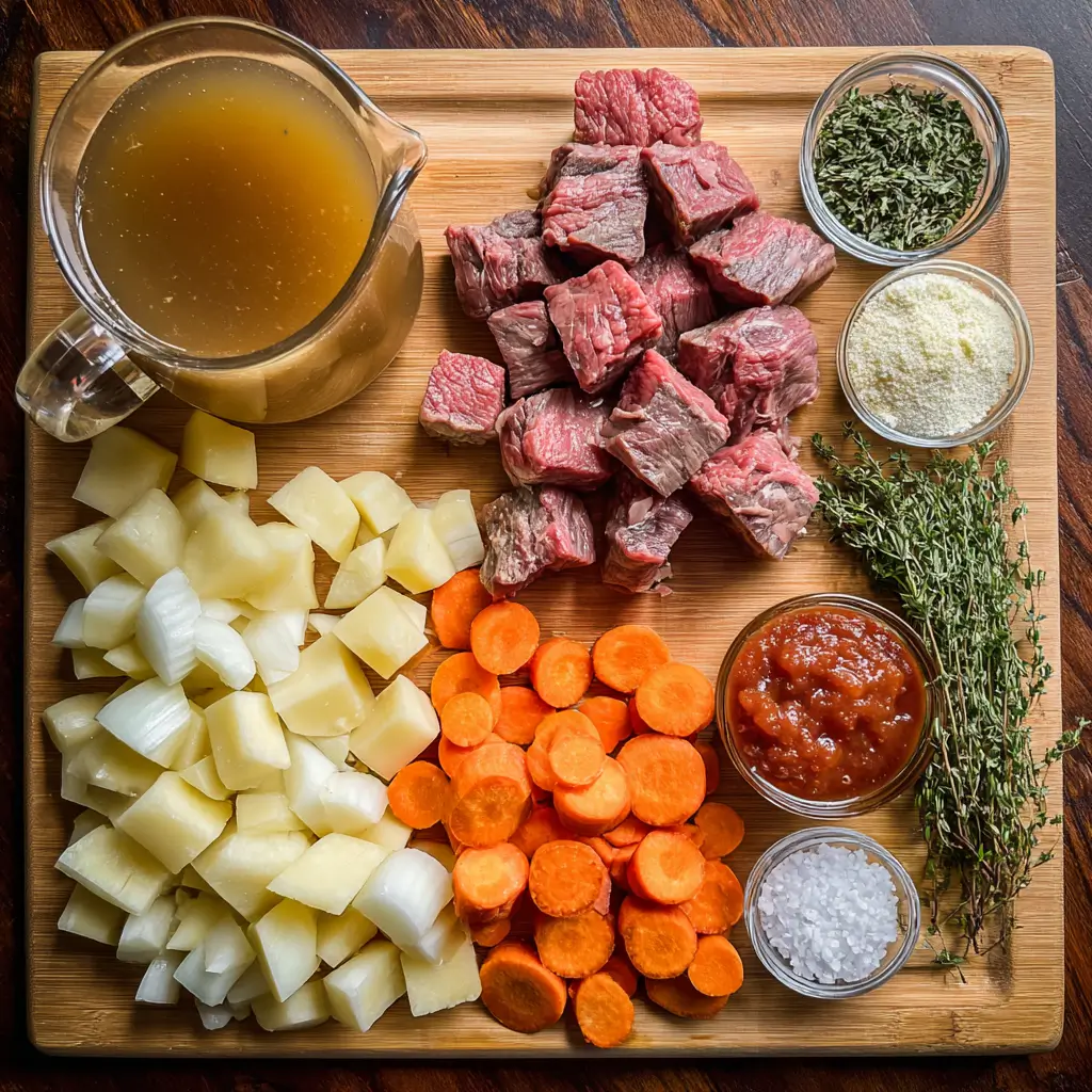 Holiday Herb Beef Stew ingredients arranged on a wooden counter