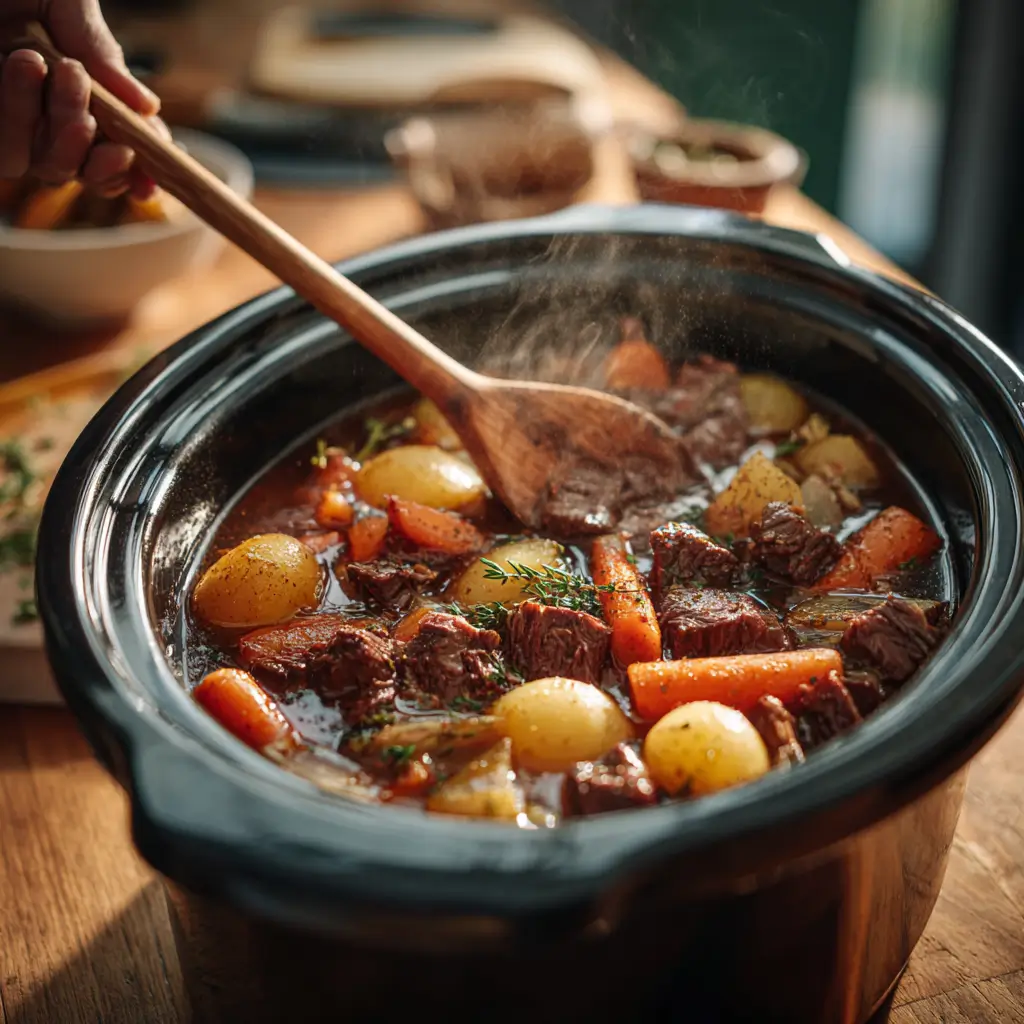 Stirring holiday herb beef stew in a crockpot with carrots and potatoes