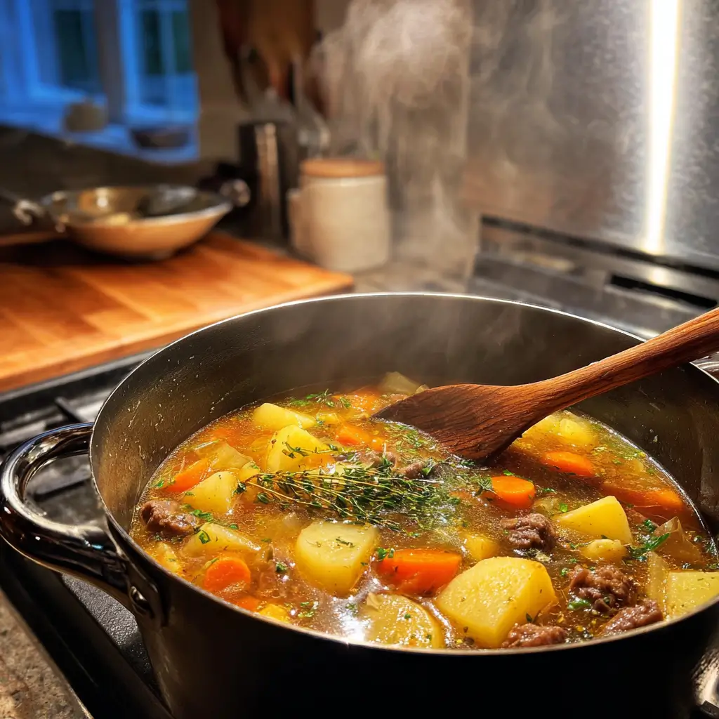 Reheating Holiday Herb Beef Stew on the stovetop with steam rising