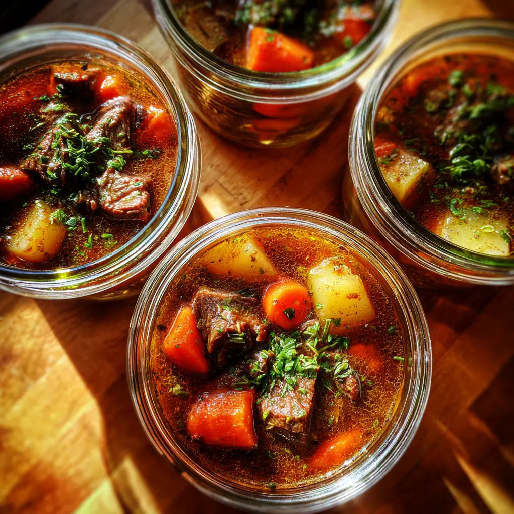 Storing Holiday Herb Beef Stew in airtight containers on a kitchen counter