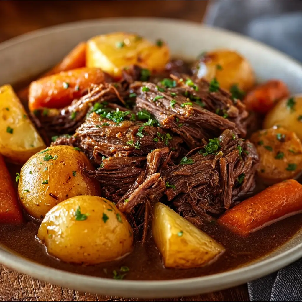 slow cooker cracker barrel pot roast with beef potatoes and carrots