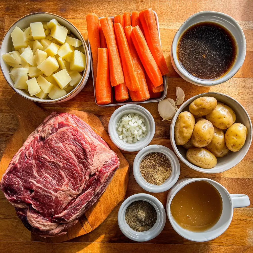ingredients for slow cooker cracker barrel pot roast on wooden counter