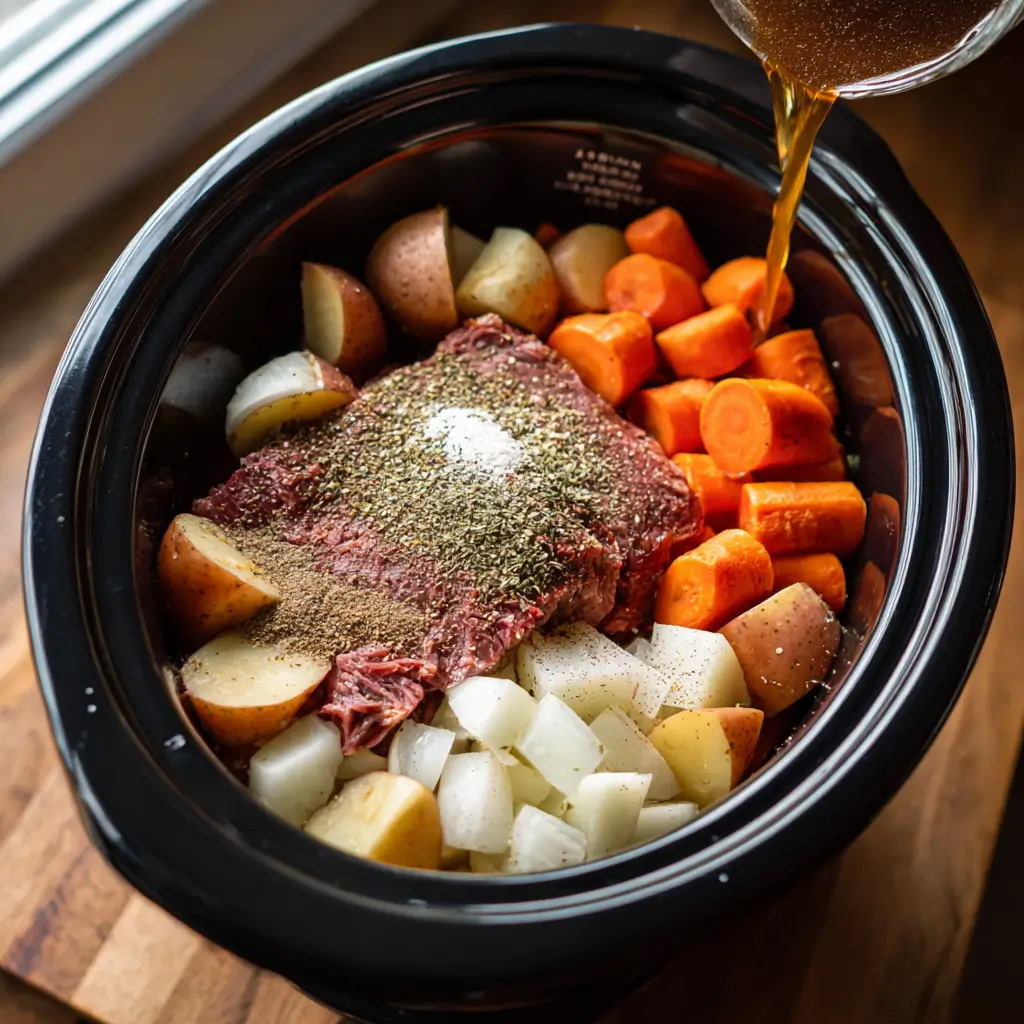 preparing slow cooker cracker barrel pot roast with beef and vegetables