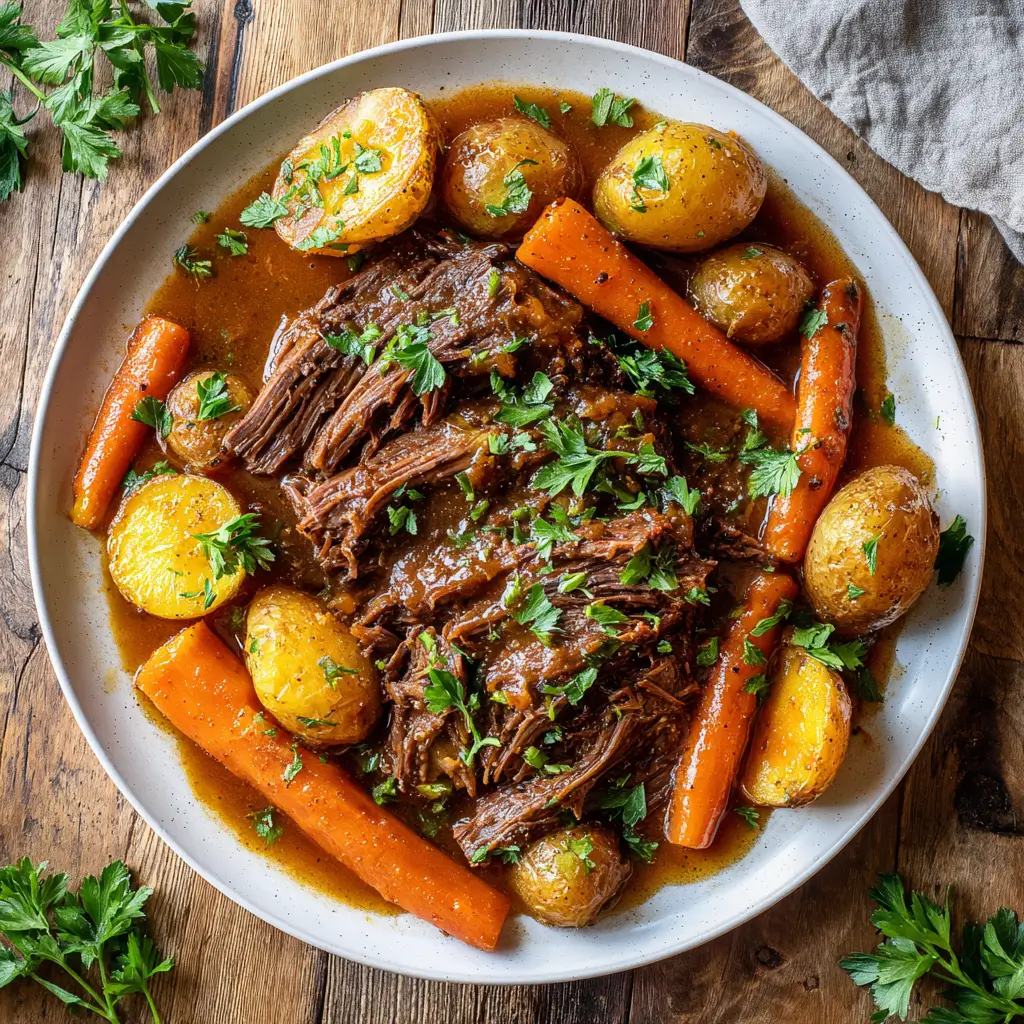 slow cooker cracker barrel pot roast served on white platter with carrots and potatoes