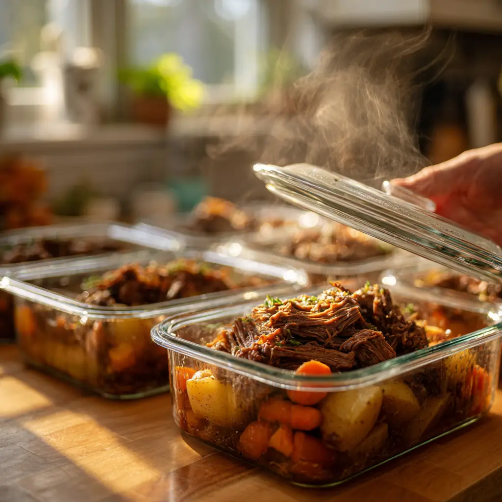 storing leftover slow cooker cracker barrel pot roast in glass containers