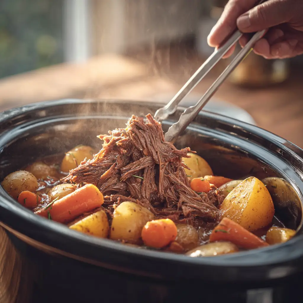 cooked slow cooker cracker barrel pot roast in slow cooker