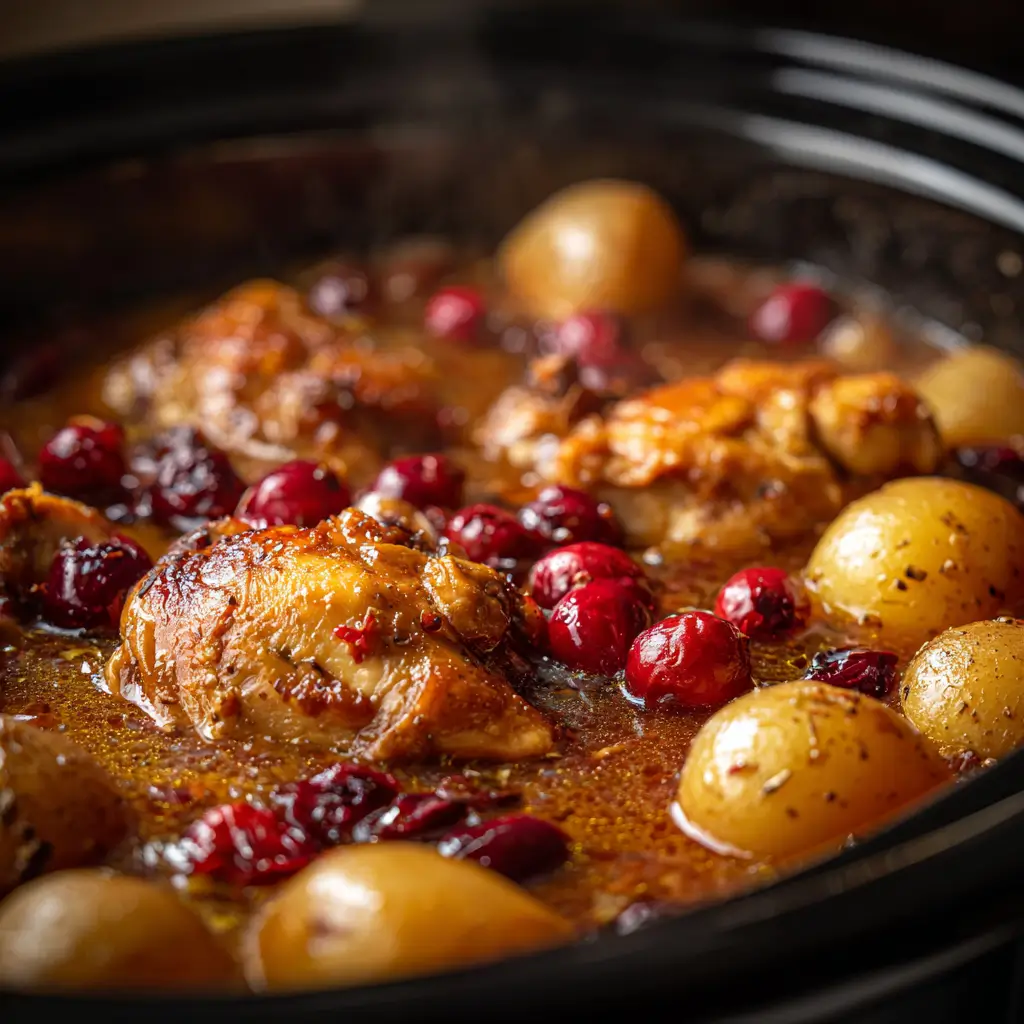 One Pot Cranberry Orange Chicken & Baby Potatoes Cooking in Slow Cooker