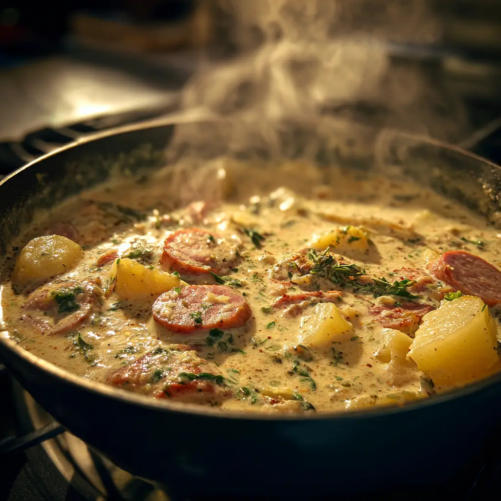 reheating creamy sausage and potato stew on stovetop