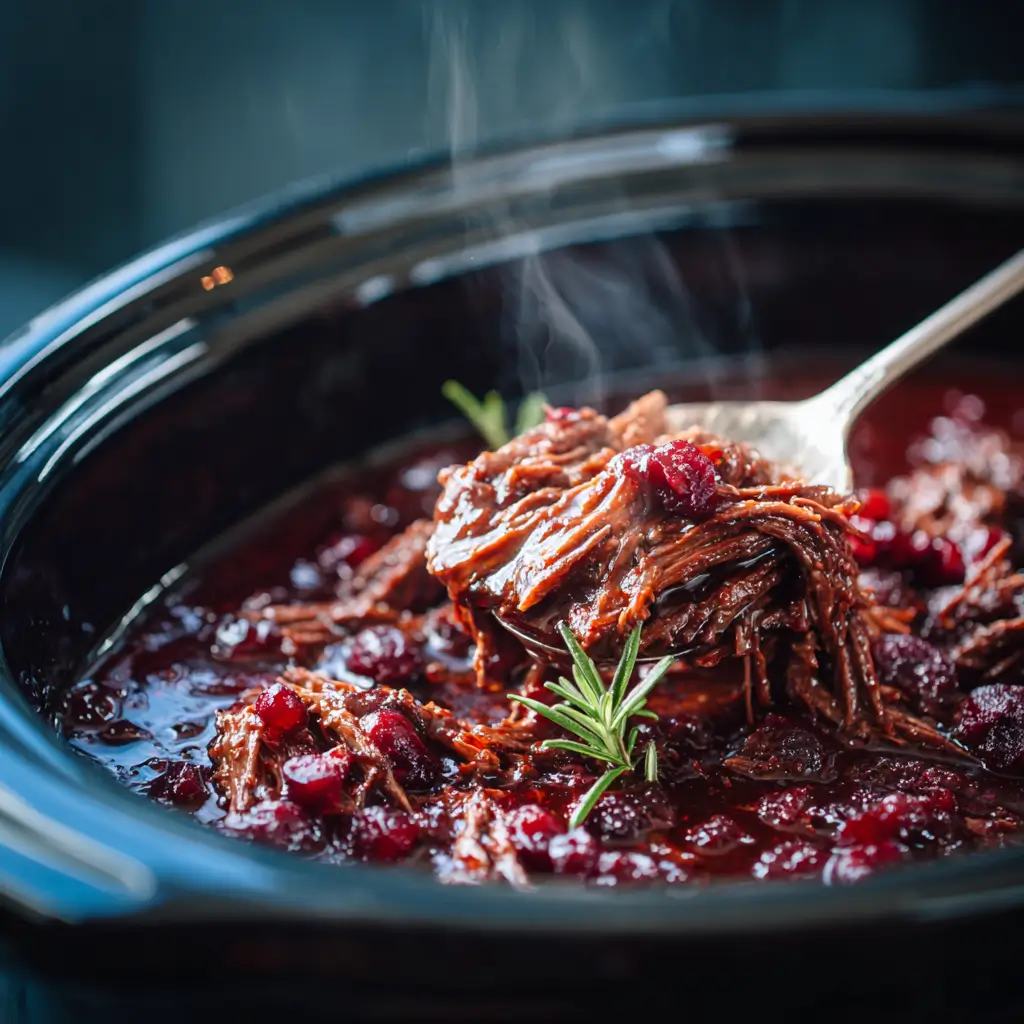 shredded cranberry balsamic beef roast in slow cooker