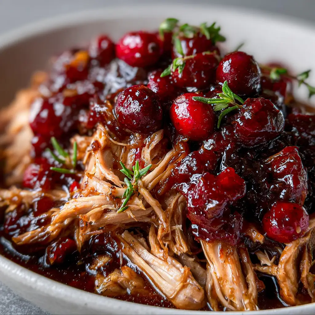 Shredded Turkey Cranberry Crockpot with glossy cranberry sauce