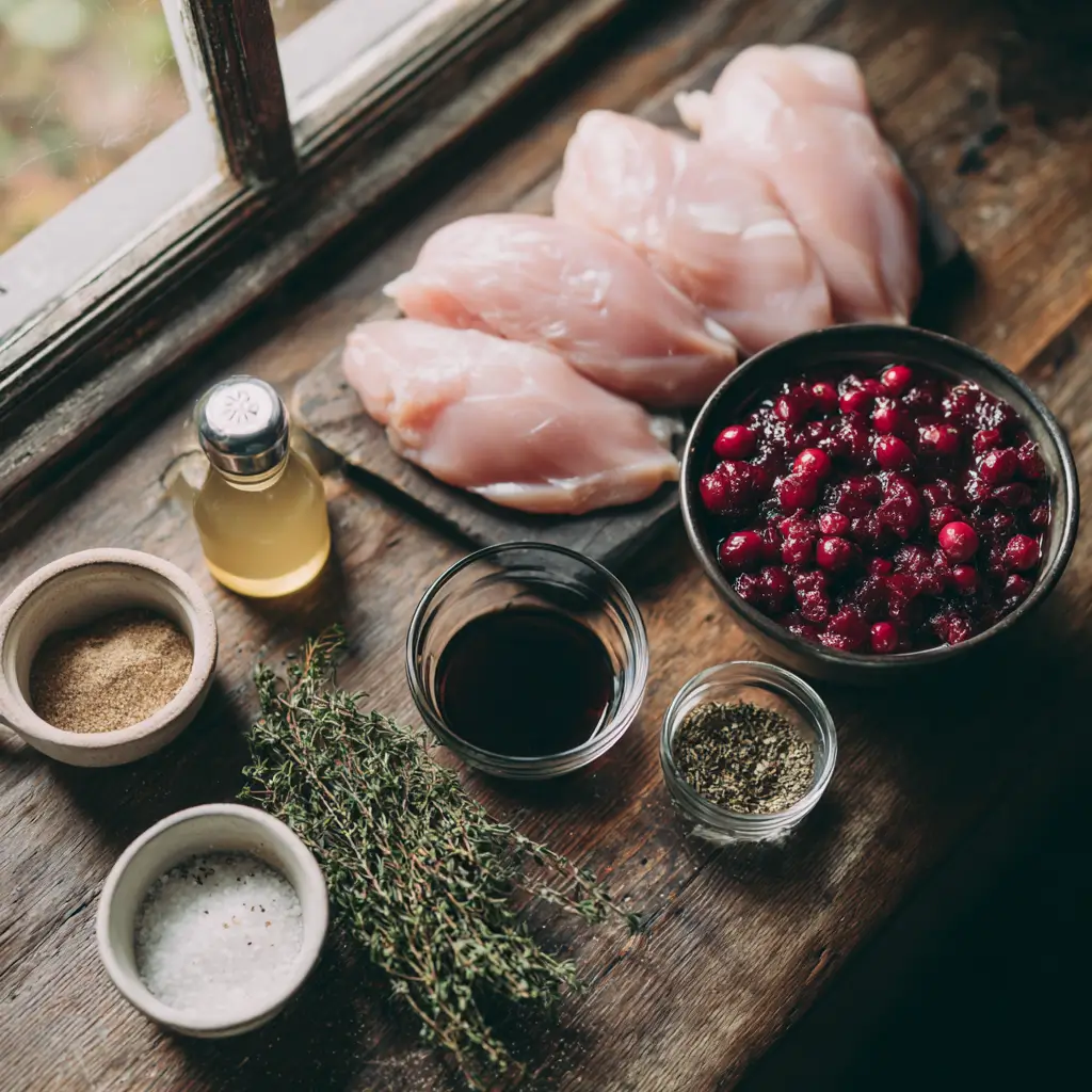 Shredded Turkey Cranberry Crockpot ingredients on wooden counter