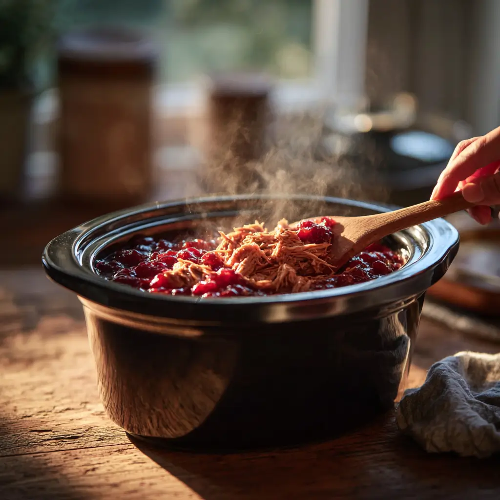 Shredded Turkey Cranberry Crockpot being stirred during cooking