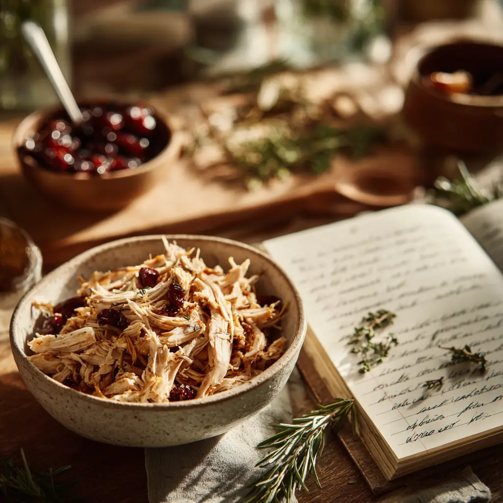 Shredded Turkey Cranberry Crockpot with handwritten cooking tips