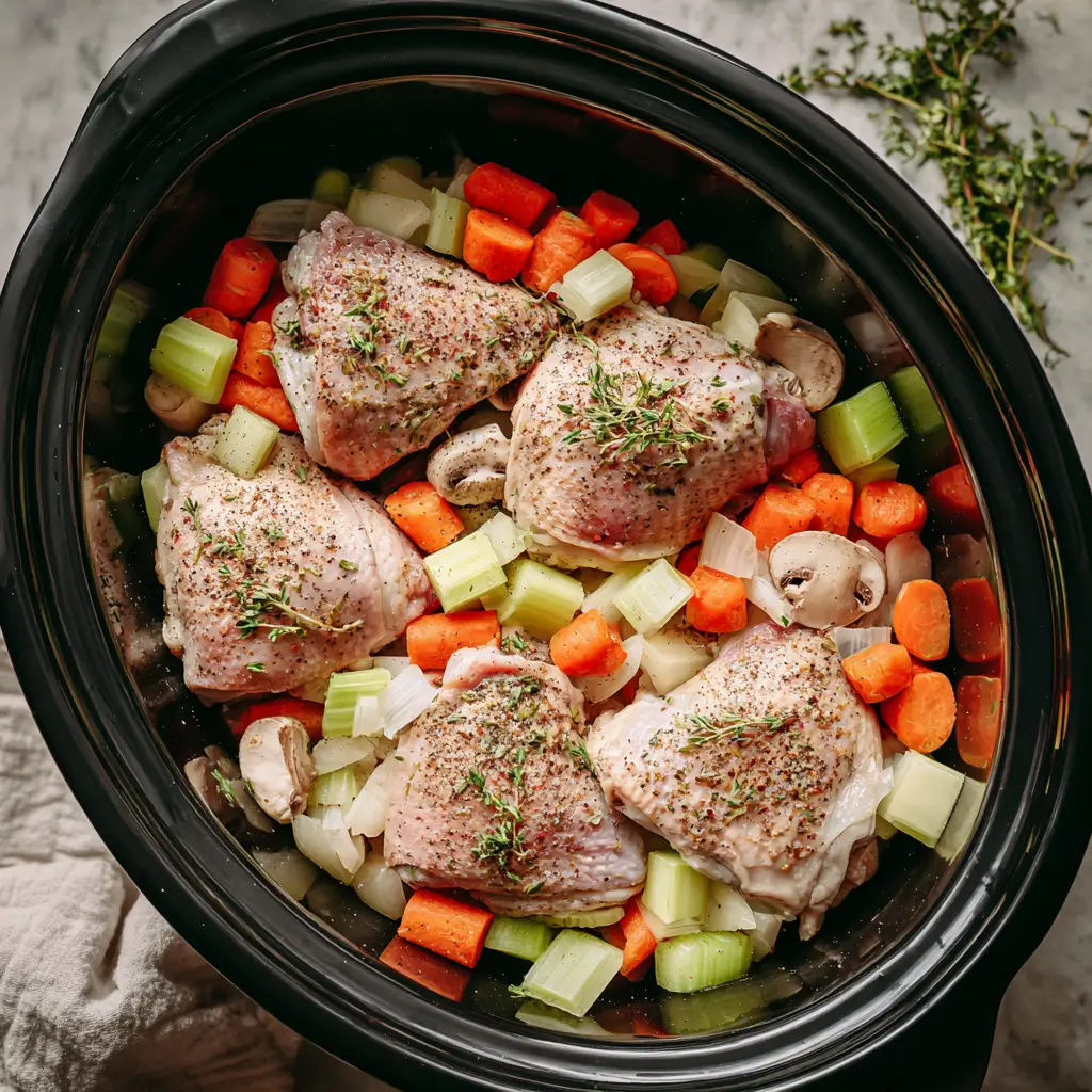 slow cooker chicken pot roast step by step with vegetables and herbs