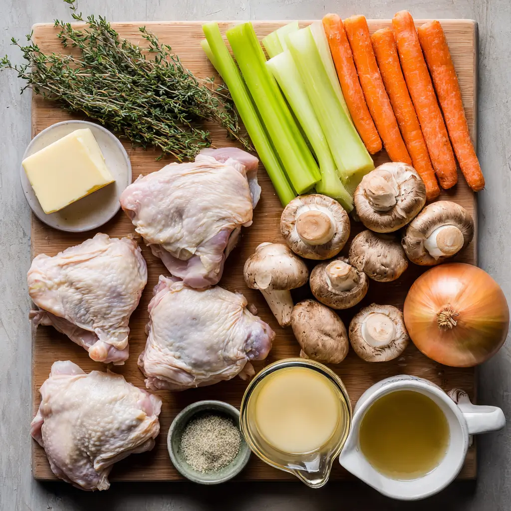 ingredients for slow cooker chicken pot roast on wooden counter
