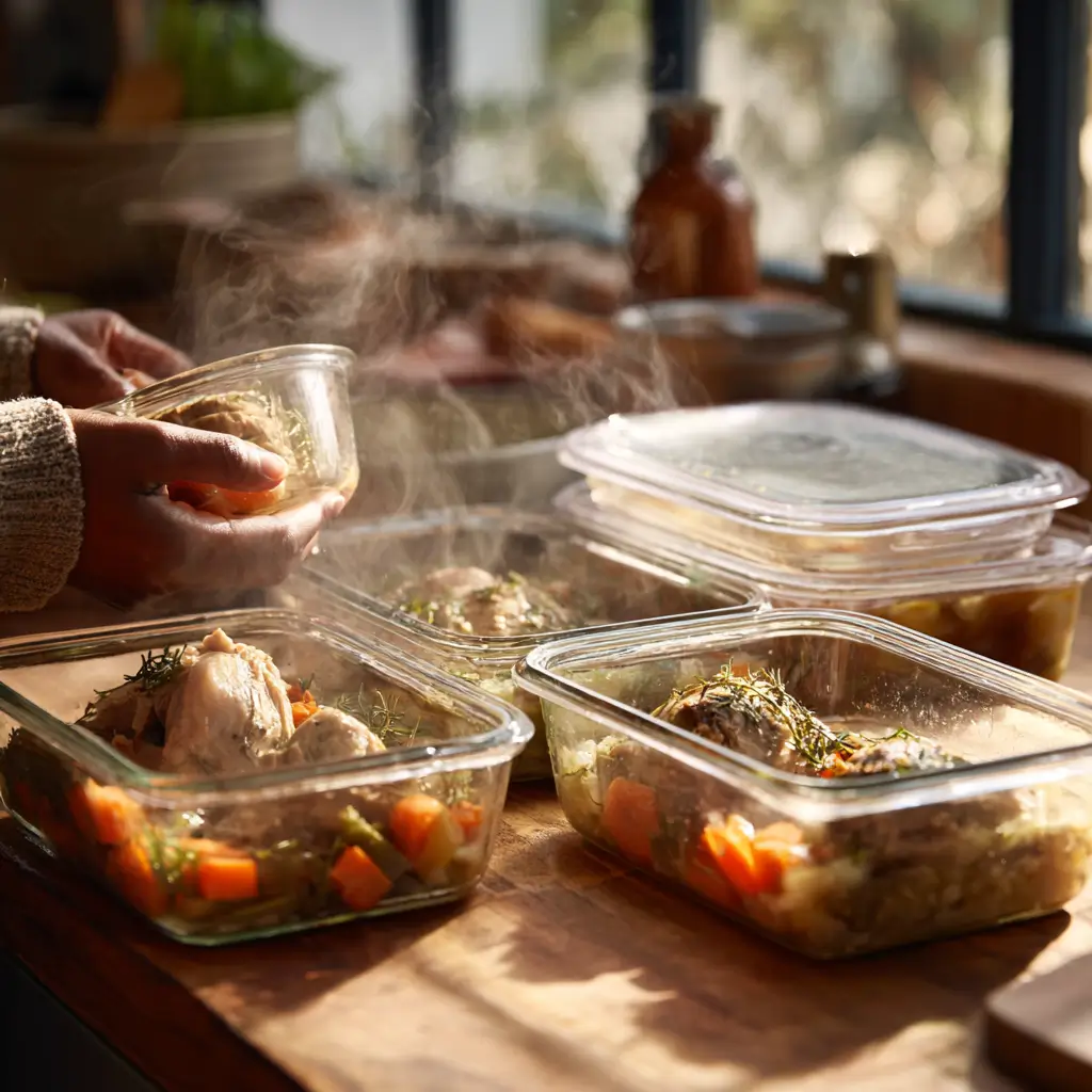 storing leftover slow cooker chicken pot roast in glass containers