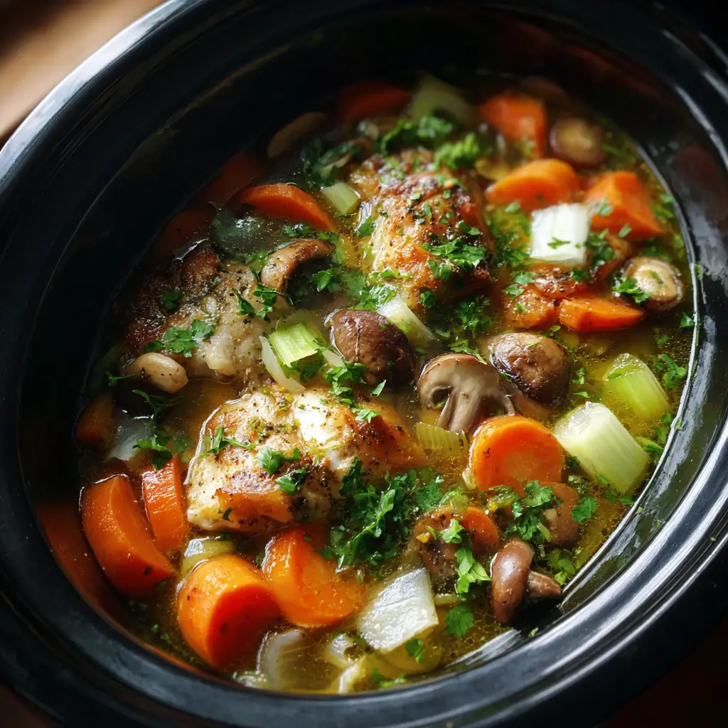 slow cooker chicken pot roast cooking with vegetables and broth