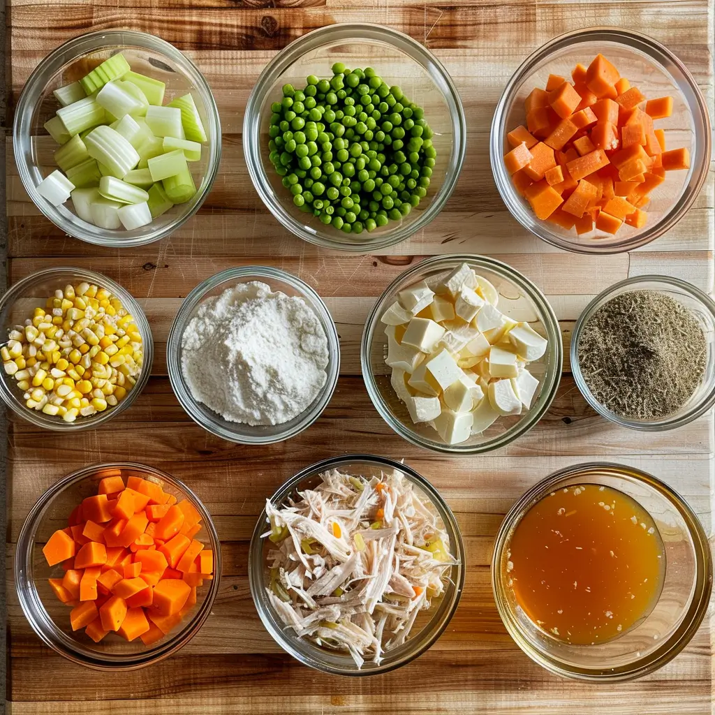 Ingredients for Slow Cooker Turkey Pot Pie Filling arranged on wooden counter