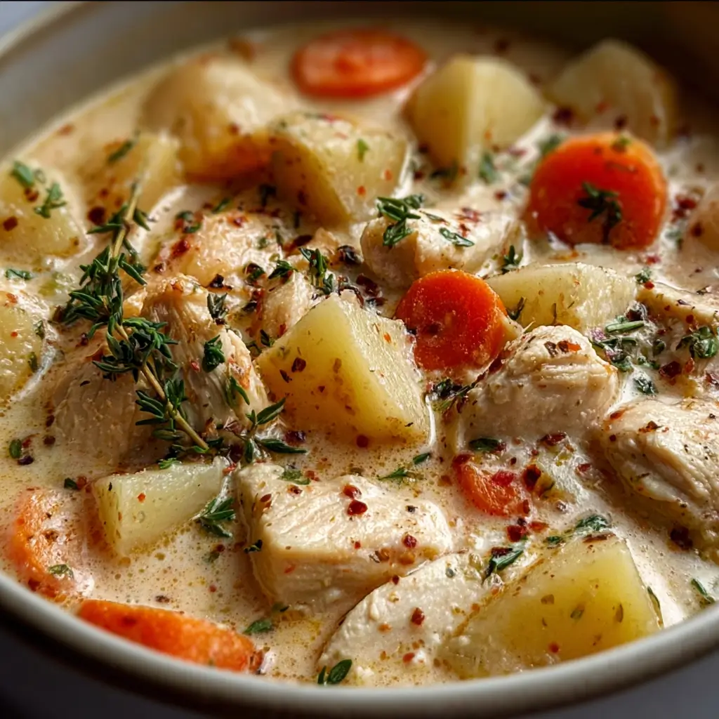 Slow Cooker White Holiday Chicken Stew creamy bowl with vegetables and thyme