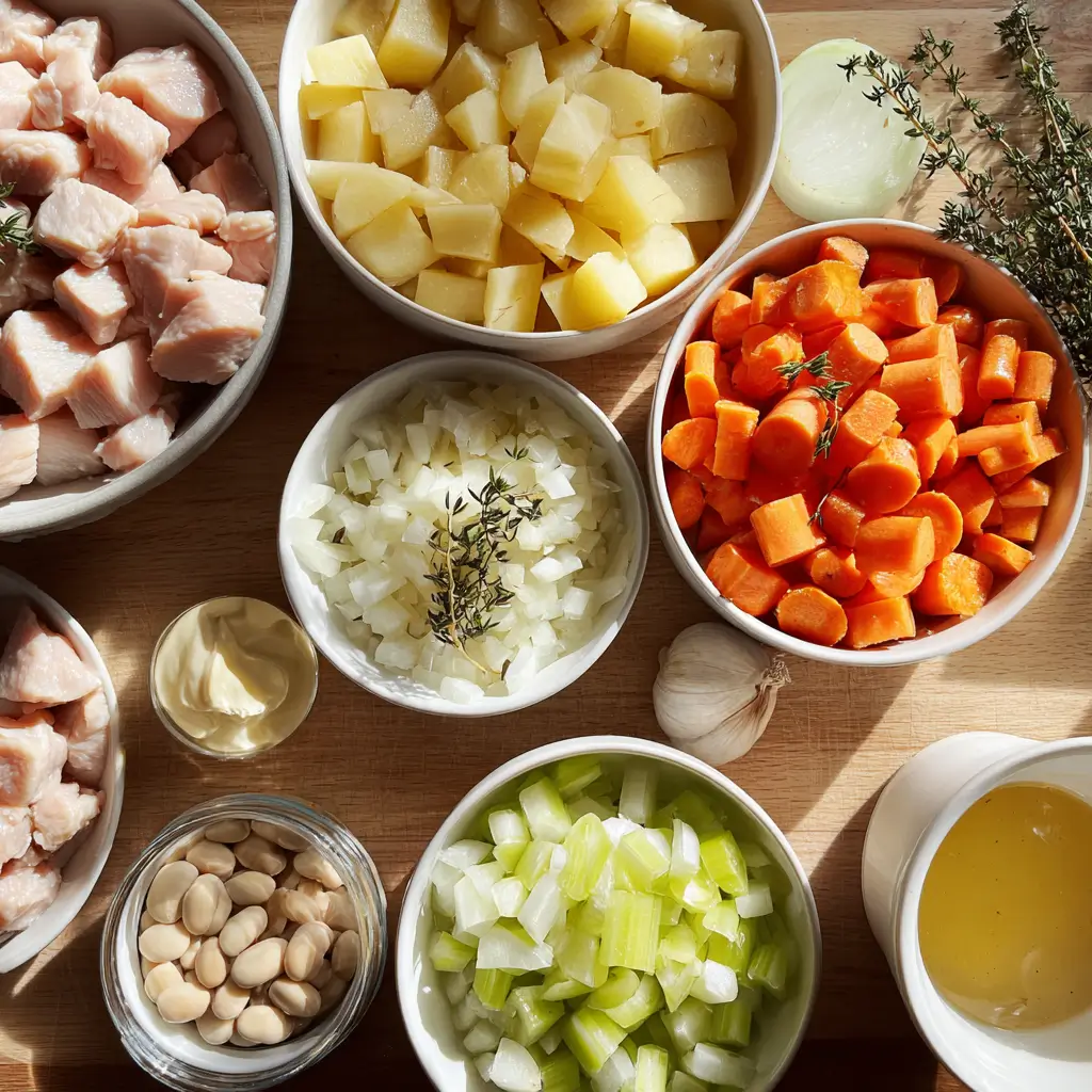 Slow Cooker White Holiday Chicken Stew fresh ingredients on kitchen counter