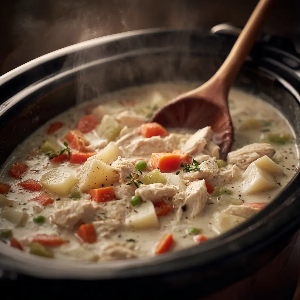 Stirring Slow Cooker White Holiday Chicken Stew in a cozy kitchen