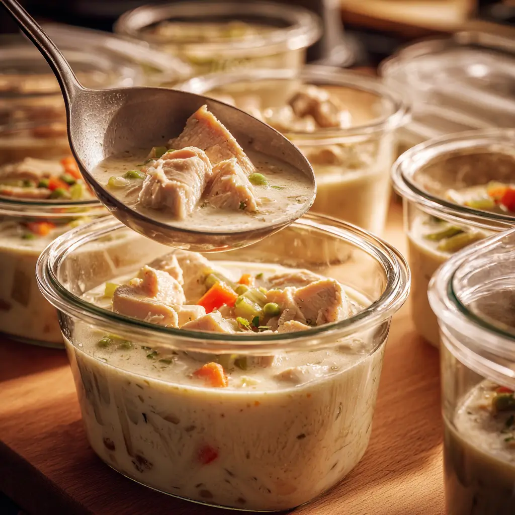 Storing Slow Cooker White Holiday Chicken Stew in glass containers for later